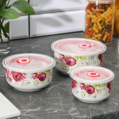 УЦЕНКА Набор салатников керамический с вакуумными крышками «Розалинда», 3 предмета: 250 мл, 550 мл, 850 мл, d=15/13/9,5/ см