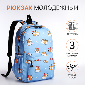 Рюкзак школьный из текстиля, 3 кармана, цвет белый/голубой