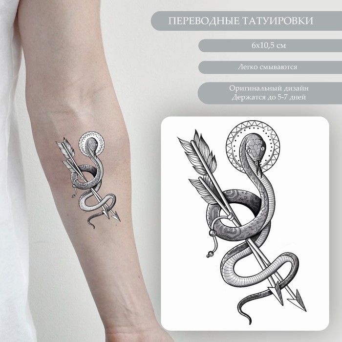 Татуировка на тело чёрная "Змей со стрелами" 10,5х6 см - Фото 1