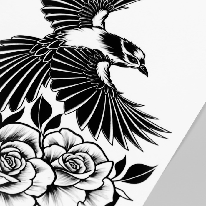 Татуировка на тело черная "Птица и розы" 48х17 см