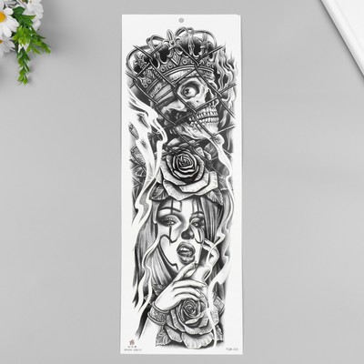 Татуировка на тело черная "Череп с короной и девушка" 48х17 см