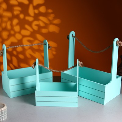 Подарочный ящик «Аром», деревянный, ручка - верёвка, бирюзовый, набор 3 шт.