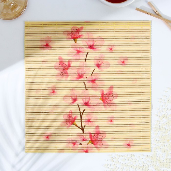 Циновка Макису для приготовления суши и роллов/коврик бамбуковый «Цветы», 22 х 24 см - Фото 1