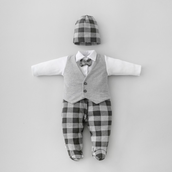 Комплект для мальчика KinDerLitto «Юный джентльмен-1», 2 предмета: комбинезон-слип, шапочка, рост 56-62 см, цвет серый меланж