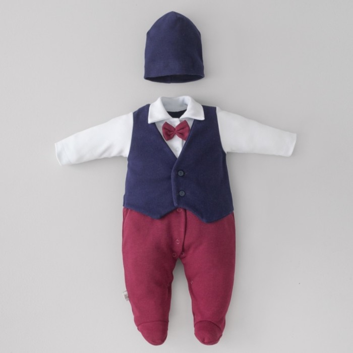 Комплект для мальчика KinDerLitto «Юный джентльмен-1», 2 предмета: комбинезон-слип, шапочка, рост 62-68 см, цвет тёмно-синий