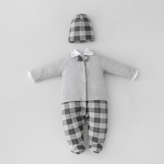 Комплект для мальчика KinDerLitto «Юный джентльмен-2», 2 предмета: комбинезон-слип, шапочка, рост 56-62 см, цвет серый меланж