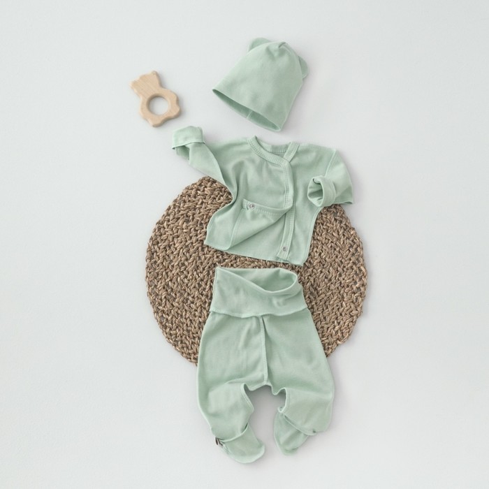 Комплект детский KinDerLitto «Крошки-горошки-2», 3 предмета: шапочка, ползунки, распашонка, рост 50-56 см, цвет полынь - Фото 1