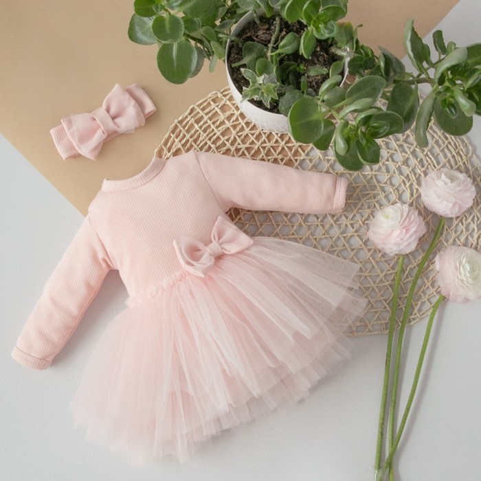 Платье-боди для девочки KinDerLitto «Трио», с повязкой на голову, рост 56-62 см, цвет светло-розовый