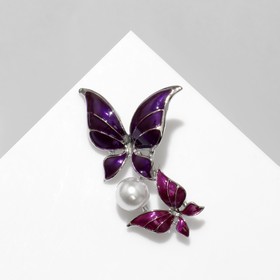 Брошь "Бабочки" на жемчуге, цвет бело-фиолетовый в серебре