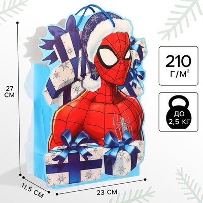 Пакет подарочный новогодний подарочный, 23×27×11.5 см, упаковка, Человек-паук