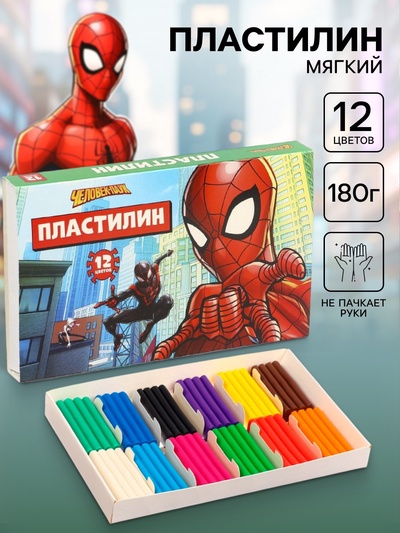 Пластилин 12 цветов, 180 г, Человек паук