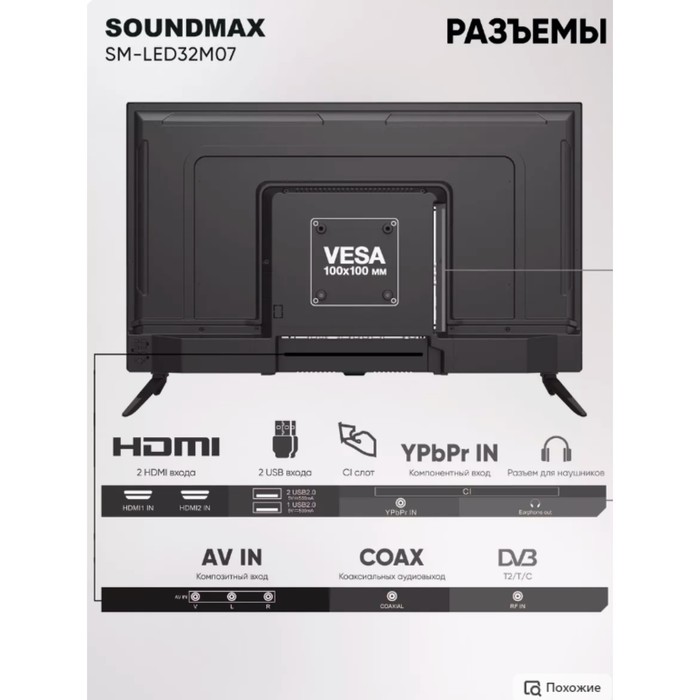 Телевизор Soundmax SM-LED32M07, 32", 1366x768, DVB-T2/C/S2, HDMI 2, USB 1 черный - фото 51481419