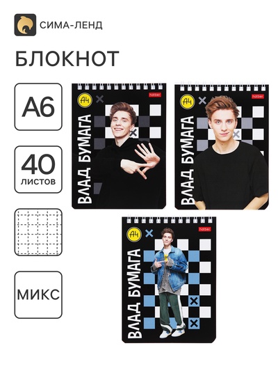 Блокнот «Влад А4», А6, 40 листов, на гребне, обложка из мелованного картона, УФ-лак, плотность 60 г/м², МИКС