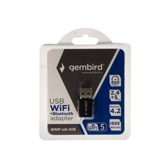 Адаптер Wi-Fi+Bluetooth Gembird WNP-UA-018, 600 Mbps, USB, двухдиапазонный, чёрный