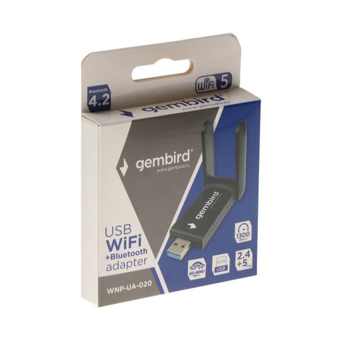 Адаптер Wi-Fi+Bluetooth Gembird WNP-UA-020, 1300 Mbps, USB, двухдиапазонный, антенна, чёрный 1012099 - фото 51484373