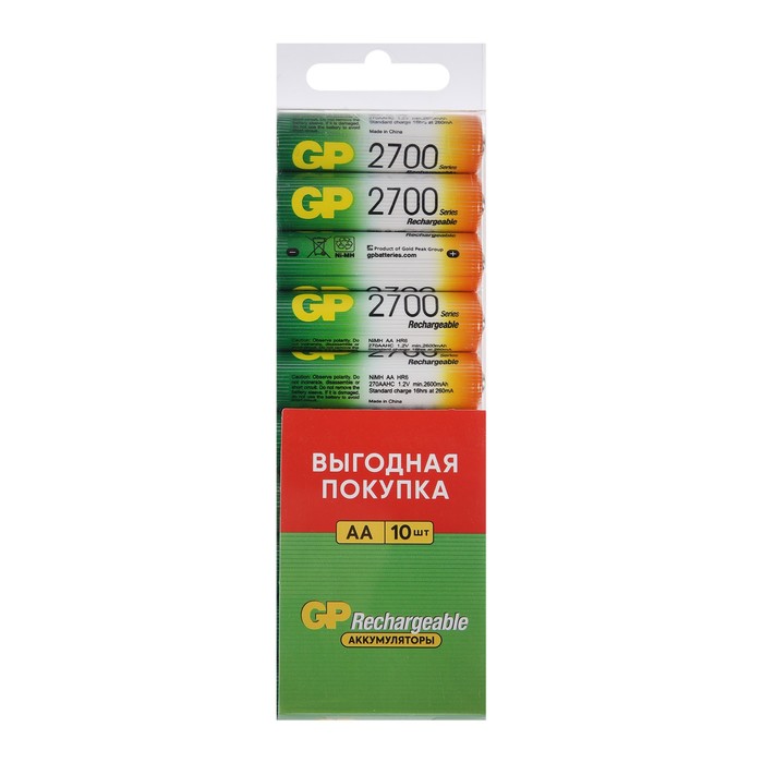 

Аккумулятор GP, Rechargeable, AA, HR6-10S, 1.2В, 2700 мАч, спайка, 10 шт.