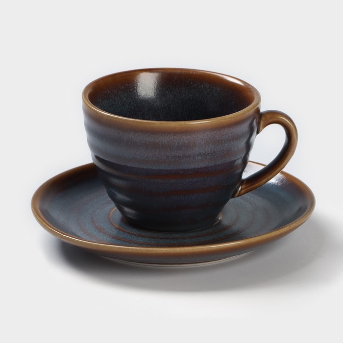 Чайная пара фарфоровая Magistro Garland, 2 предмета: чашка 200 мл, блюдце d=14,2 см, цвет синий - Фото 1