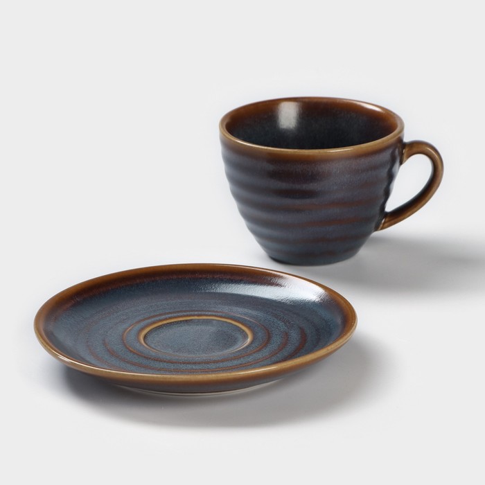 Чайная пара фарфоровая Magistro Garland, 2 предмета: чашка 200 мл, блюдце d=14,2 см, цвет синий - фото 1906455633