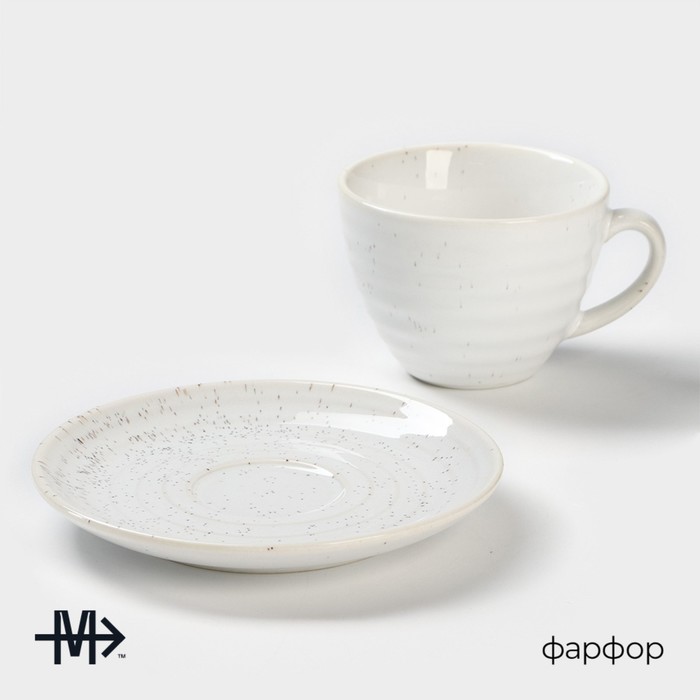 Чайная пара фарфоровая Magistro Urban, 2 предмета: чашка 200 мл, блюдце d=14,2 см, цвет белый в крапинку - фото 1906455655