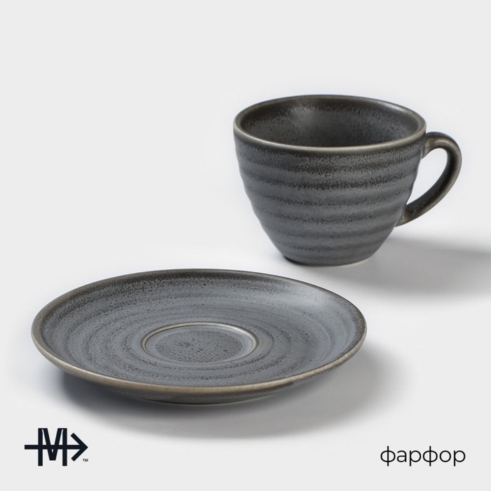 Чайная пара фарфоровая Magistro Urban, 2 предмета: чашка 200 мл, блюдце d=14,2 см, цвет серый - фото 1926877615