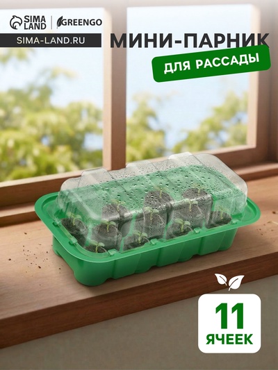 Мини - парник для рассады, 24×12×11 см, 11 ячеек под таблетки для рассады d=3 см, пластик, Greengo