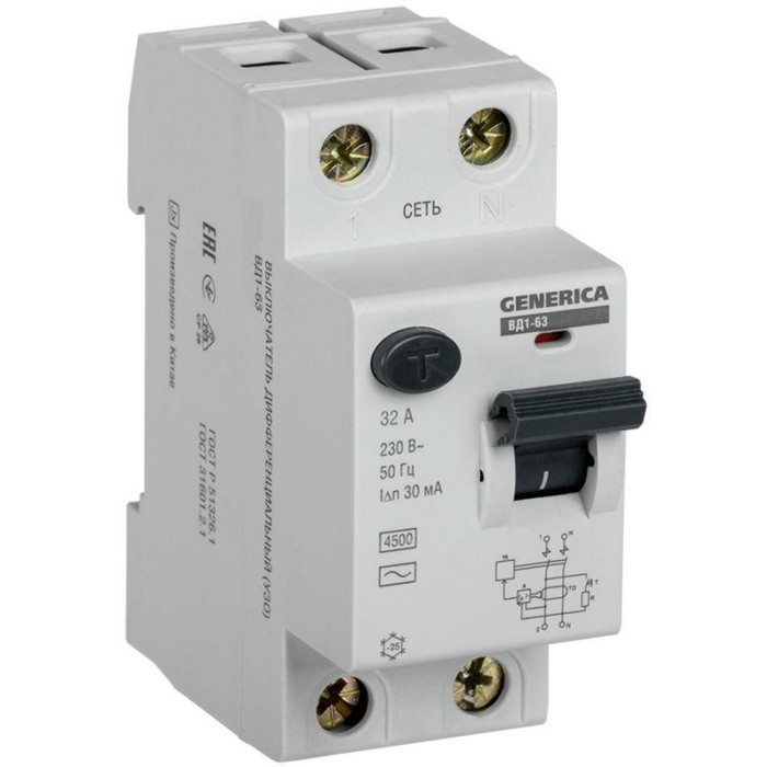 Выключатель дифференциального тока (УЗО) 2п 32А 30мА тип AC ВД1-63 GENERICA MDV15-2-032-030 - Фото 1