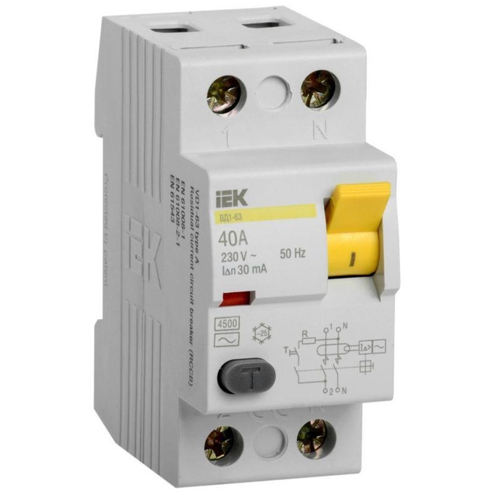 Выключатель дифференциального тока (УЗО) 2п 40А 30мА тип AC ВД1-63 IEK MDV10-2-040-030 - Фото 1
