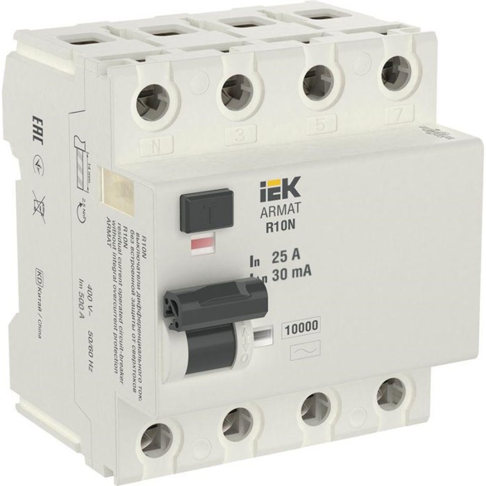 Выключатель дифференциального тока (УЗО) 4п 25А 30мА тип AC ВДТ R10N ARMAT IEK AR-R10N-4-025C030 - Фото 1