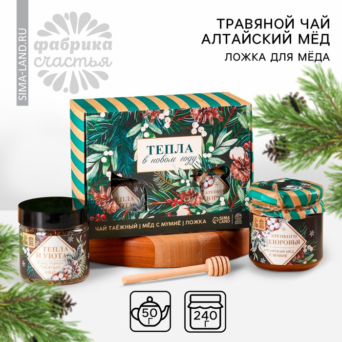 Подарочный набор «Новый год: Тепла в новом году»: алтайский мёд с мумиё 240 г., ягодно-травяной чай 50 г., ложка для мёда - Фото 1