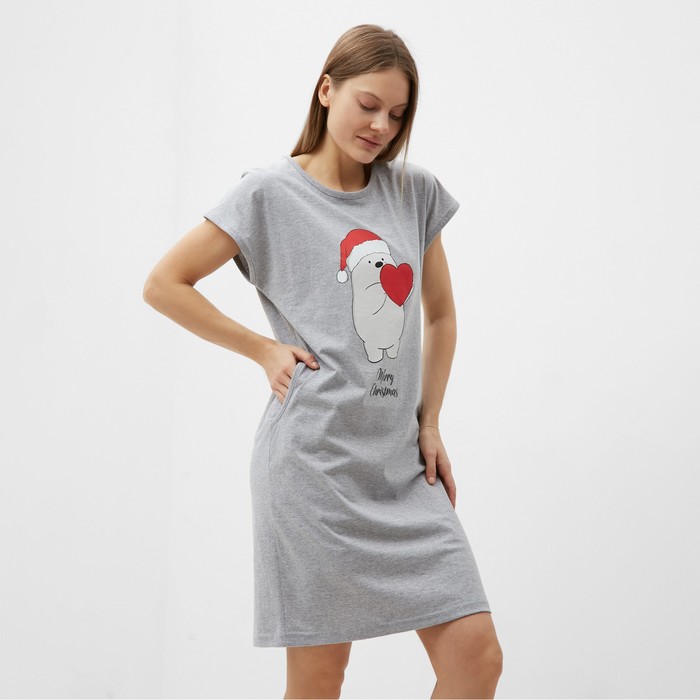 Платье домашнее женское с карманами «Мишка с сердцем», цвет серый меланж, размер 48