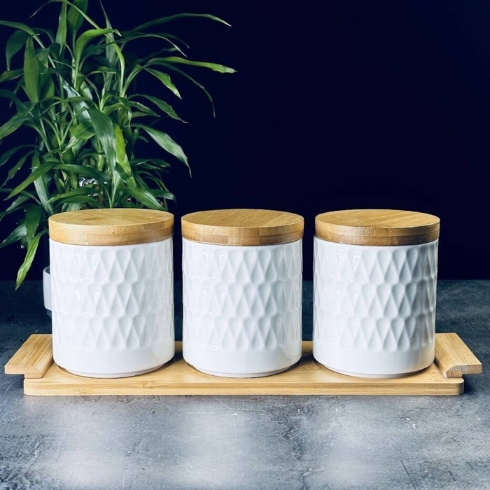 Набор банок с ложками Lenardi Bamboo, на подставке, 3 шт - Фото 1
