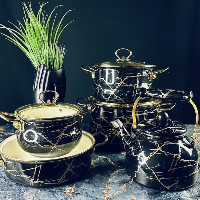 Набор посуды Lenardi «Чёрный мрамор», 9 предметов - Фото 1