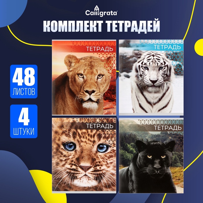 Тетради 4 штук, 48 листов в линейку «Дикие кошки», серые листы - Фото 1