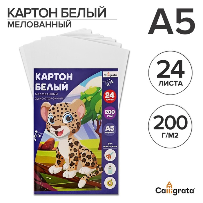 Картон белый А5, 24 листа Calligrata, мелованный, плотность 200 г/м2, в папке - Фото 1