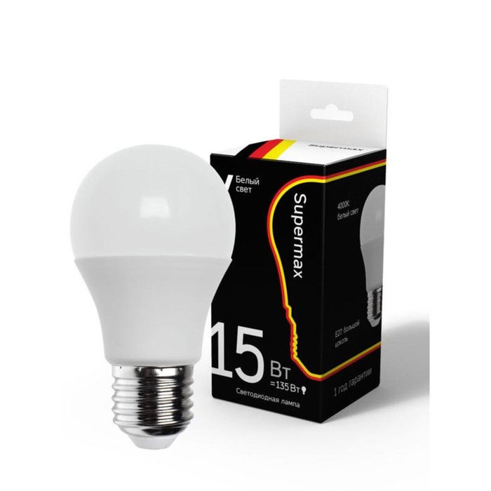 

Лампа светодиодная Supermax А60 15Вт стандарт E27 230В 4000К Sup_LED15wA60E2740