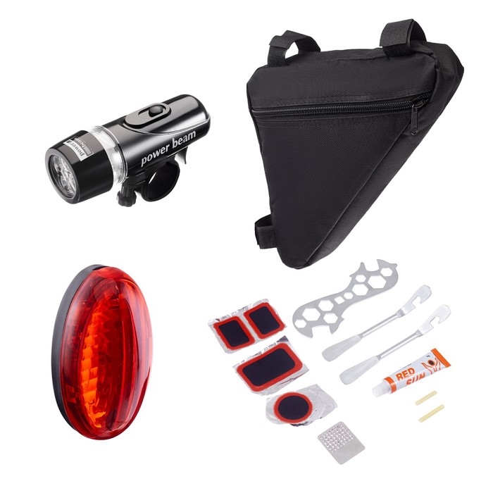 Набор для велосипеда 3 в 1: фонарь, ремонтный набор, сумка 20×20×27 см - Фото 1