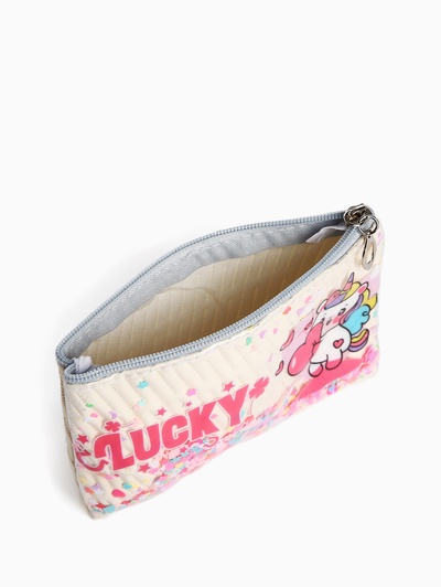 Косметичка-пенал на молнии, плоская, с рисунком «Влюблённый единорог», бежевая