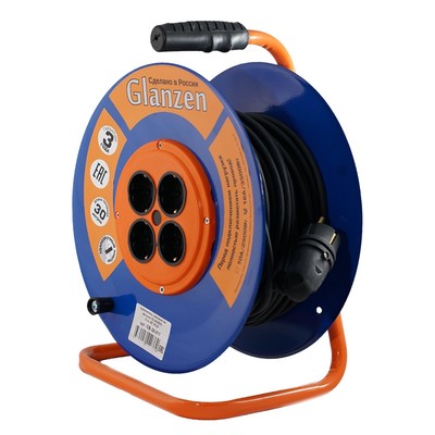 Удлинитель силовой на катушке GLANZEN, 4 гнезда, КГ 3×2.5, EB-30-011