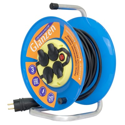 Удлинитель силовой на катушке GLANZEN, 4 гнезда, с выключателем, КГ 3×2.5, IP44, EB-20-011