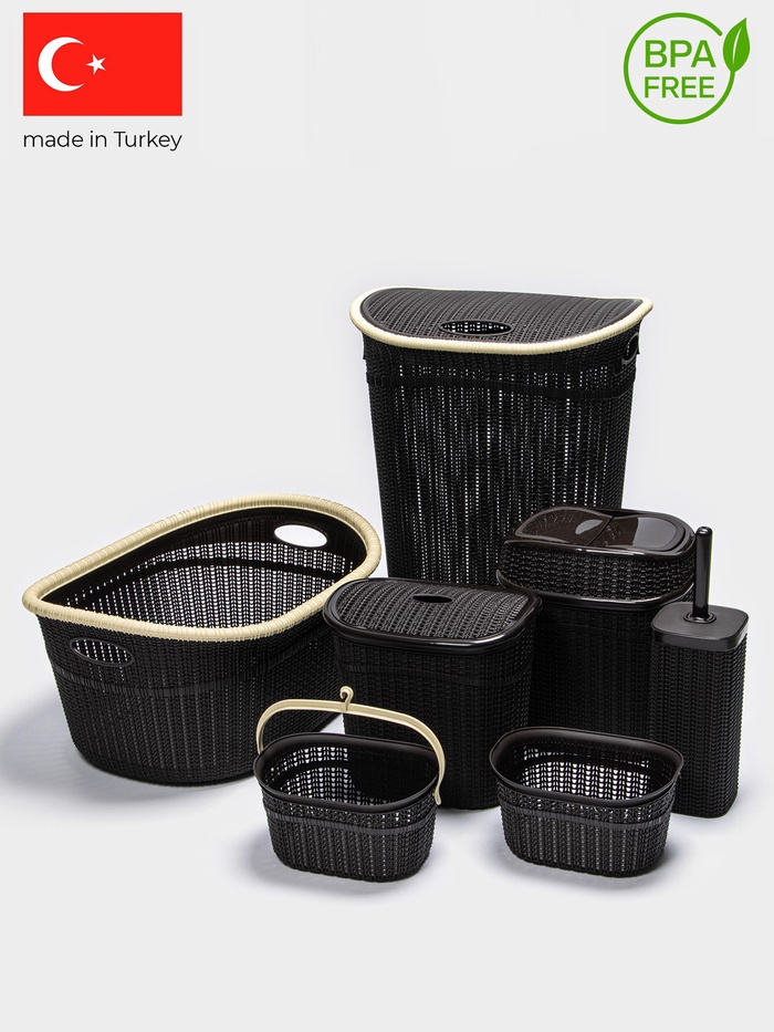 Набор для ванной комнаты 7 предметов, корзина 4 шт., корзина для белья, ведро для мусора, ёрш, коричневый - Фото 1