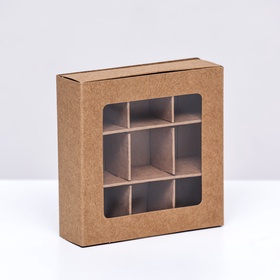 Коробка для 9 конфет 8.7×8.7×2.5 см, Тонкие разделители, крафт