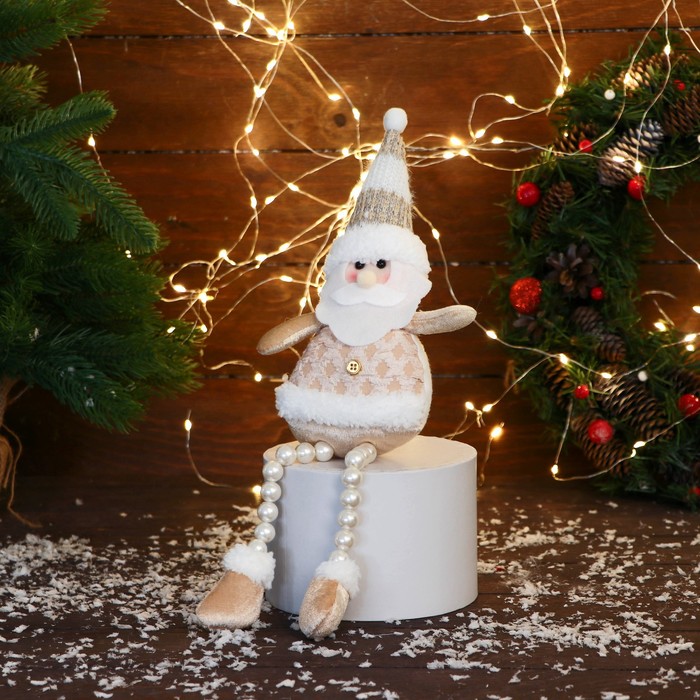 Мягкая игрушка &quot;Дед Мороз в полосатом колпаке, ножки-бусинки&quot; 10х32 см, золото
