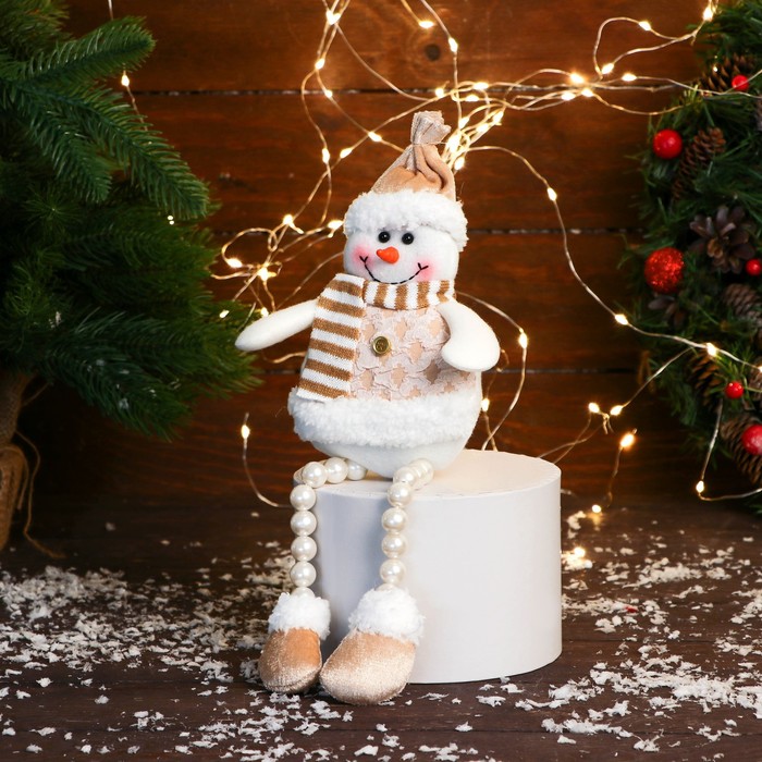 Мягкая игрушка "Снеговик в полосатом шарфе, ножки-бусинки" 10х30 см, золото - фото 1907910503
