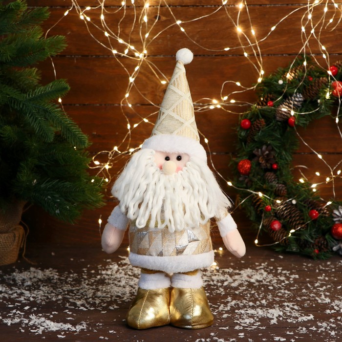 Мягкая игрушка "Дед Мороз в костюме с ромбиками, длинные ножки" стоит, 14 см, золото - фото 1907910510