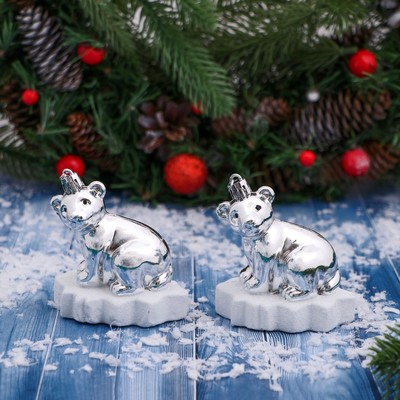 Набор ёлочных игрушек 2 шт. «Зимнее волшебство. Мишутка на льдине» пластик, 5,5х7,5х8 см, серебро