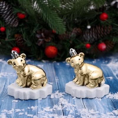 Ёлочные игрушки 2 шт. «Зимнее волшебство. Мишутка на льдине» пластик, 5.5×7.5×8 см, золото