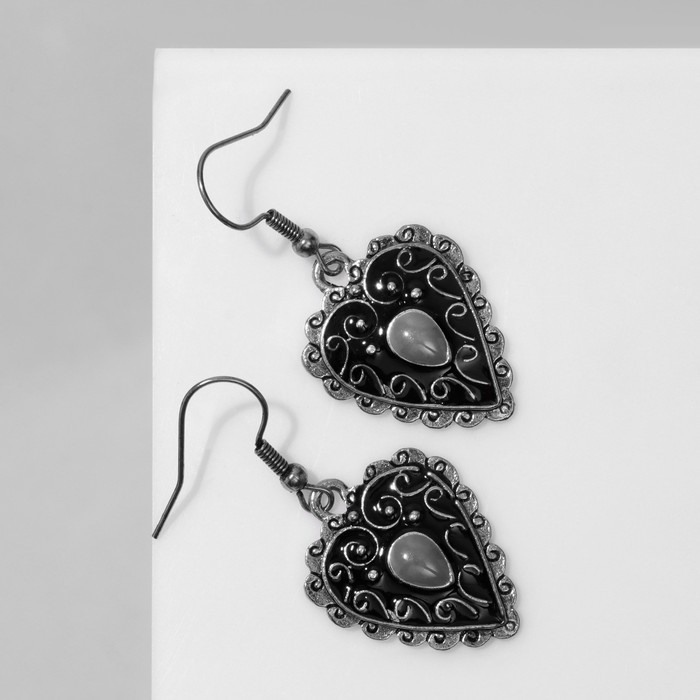 Серьги эмаль «Сердце» капли, цвет серый в чернёном серебре - Фото 1