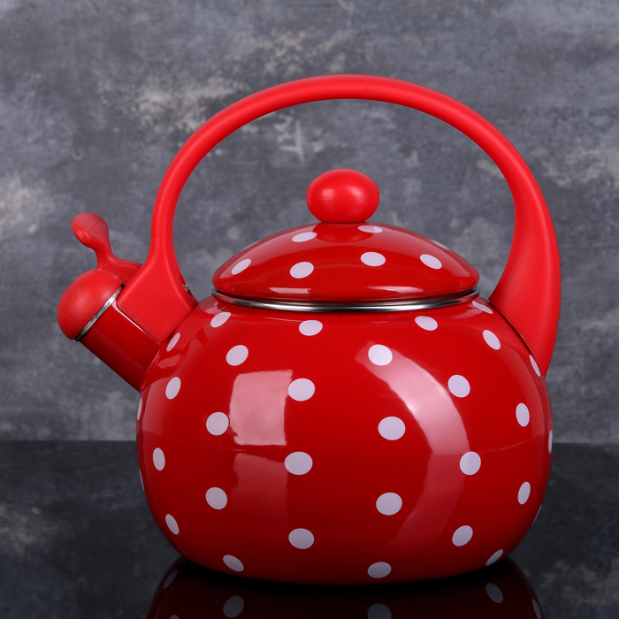Чайник со свистком эмалированный Доляна «Горошек», 2,2 л, фиксированная ручка, индукция, цвет красный