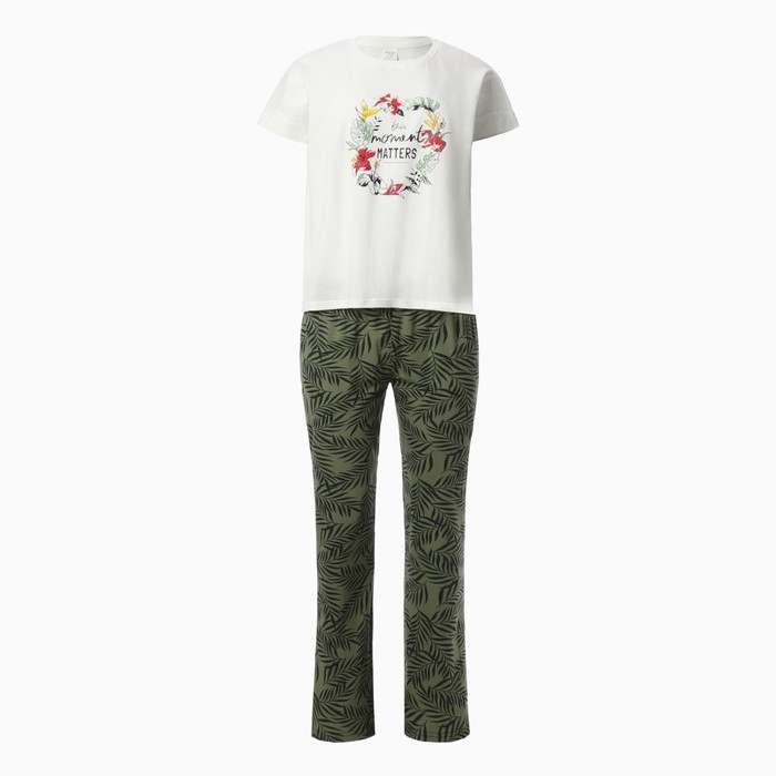 Комплект женский домашний (футболка, брюки), цвет белый/зелёный, размер 46 - Фото 1