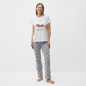 Комплект женский домашний «Такса» (футболка, брюки), цвет белый/серый, размер 52